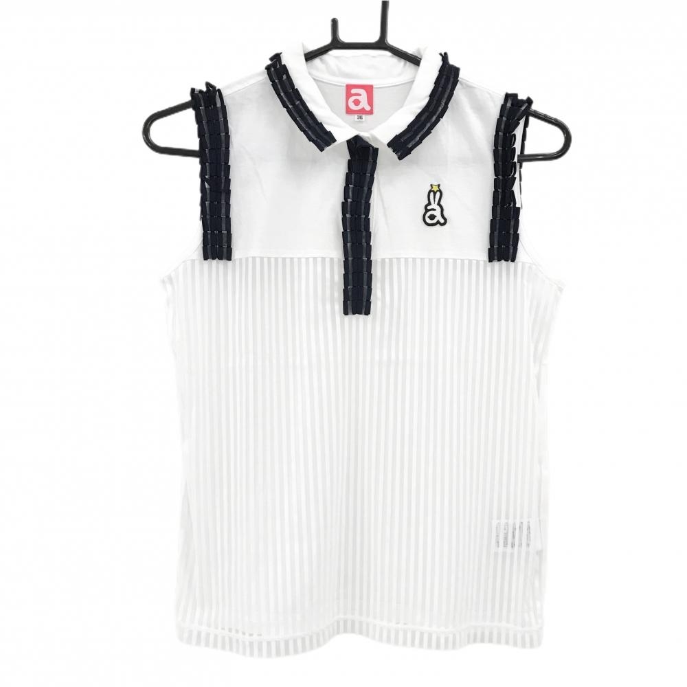 【超美品】アルチビオ ノースリーブポロシャツ 白×ネイビー 前裾透け感 レディース 36(S) ゴルフウェア archivio
