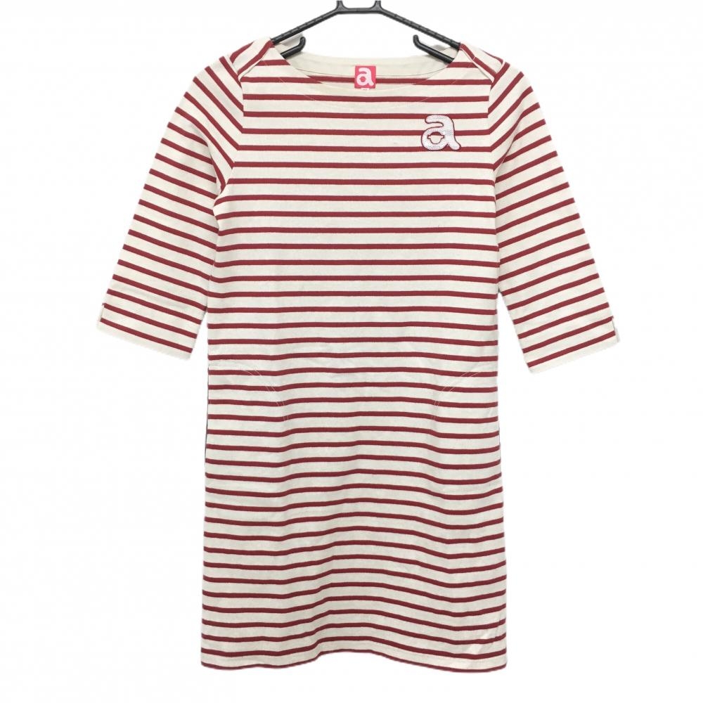 【美品】アルチビオ 五分袖ワンピース 白×レッド ボーダー スパンコールロゴ コットン100％  レディース 36(S) ゴルフウェア archivio