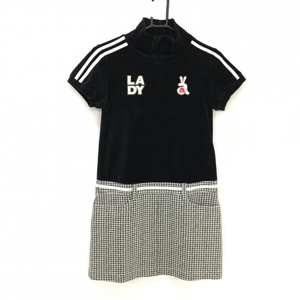 【美品】アルチビオ 半袖異素材ワンピース 黒×白 ベロア スカート千鳥格子  レディース 36(S) ゴルフウェア archivio