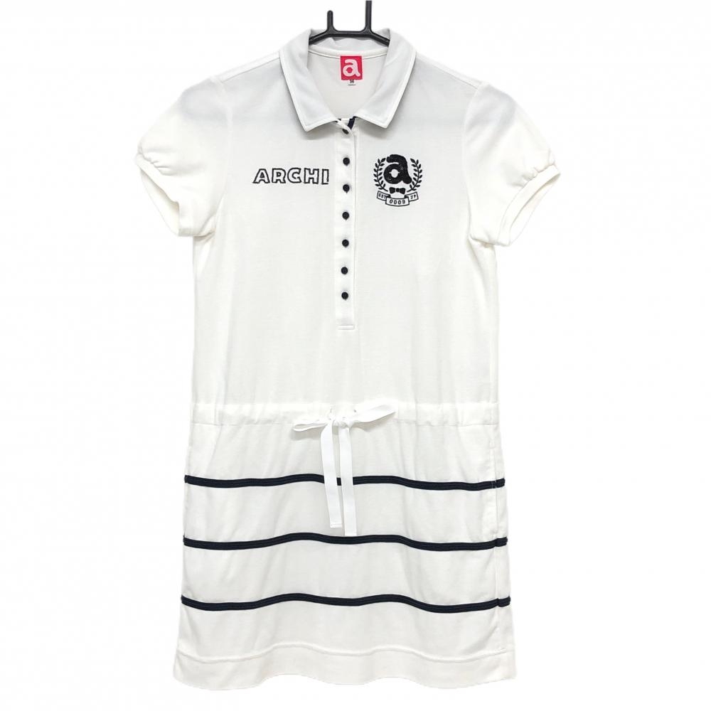 【超美品】アルチビオ 半袖ポロワンピース 白×黒 スカートボーダー スパンコールロゴ レディース 36(S) ゴルフウェア archivio