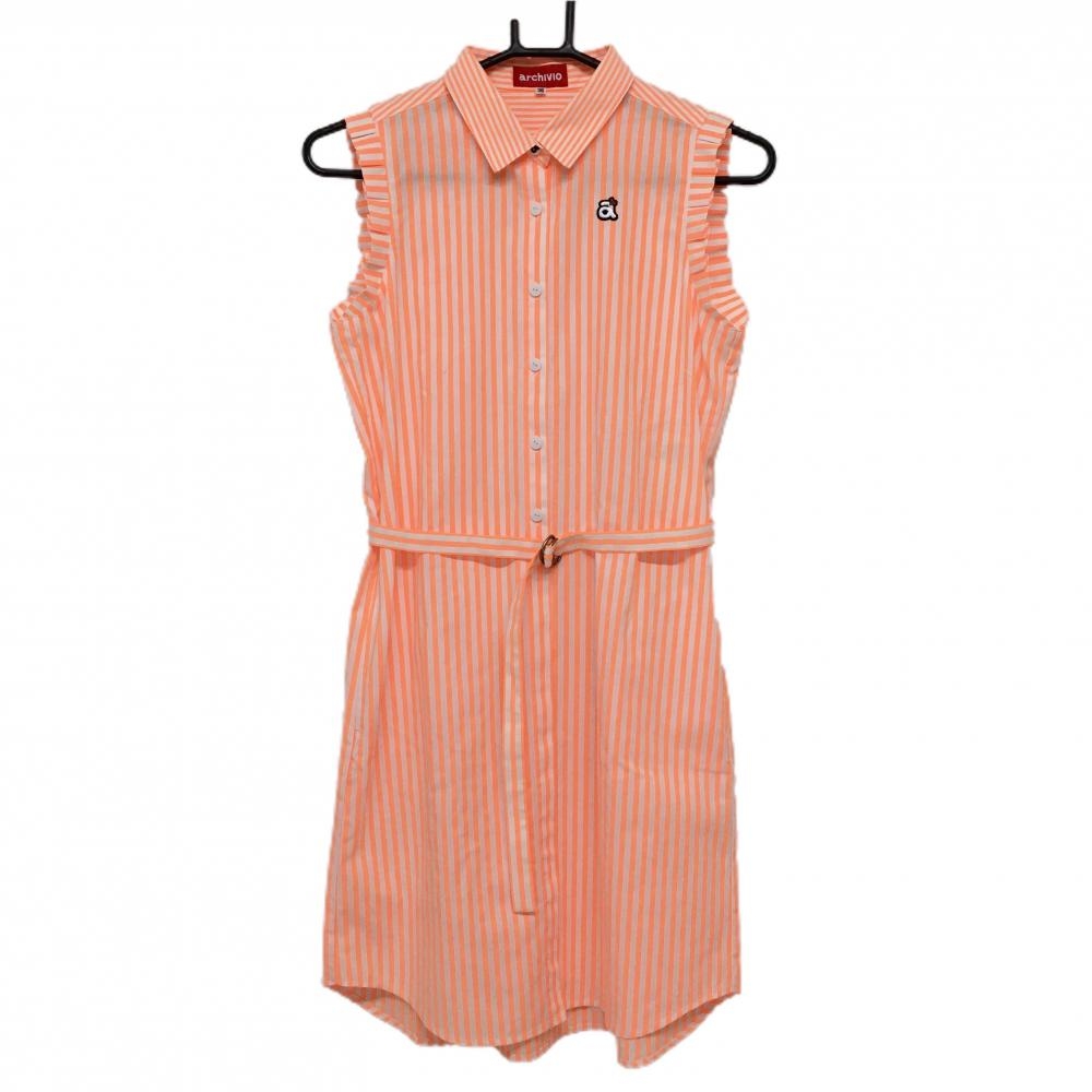 【新品】アルチビオ ノースリーブポロワンピース オレンジ×白 ストライプ 共布ベルト付 レディース 36(S) ゴルフウェア archivio