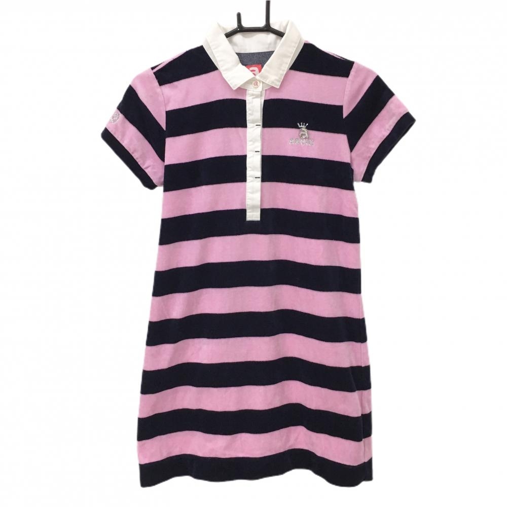 【美品】アルチビオ 半袖ポロワンピース ピンク×ネイビー ボーダー パイル地 レディース 38(M) ゴルフウェア archivio