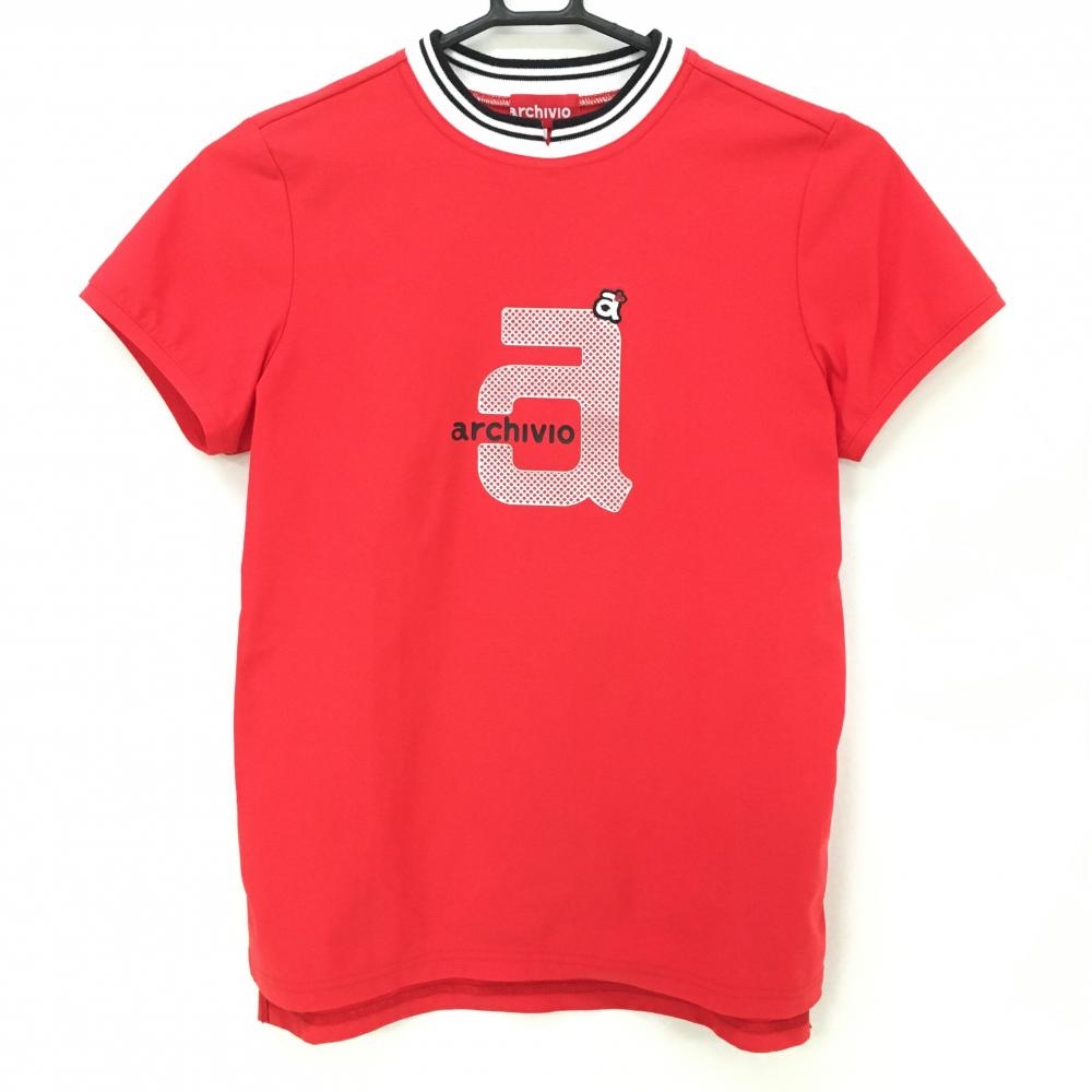 【超美品】アルチビオ 半袖ハイネックシャツ レッド 胸元ロゴプリント  レディース 38(M) ゴルフウェア archivio