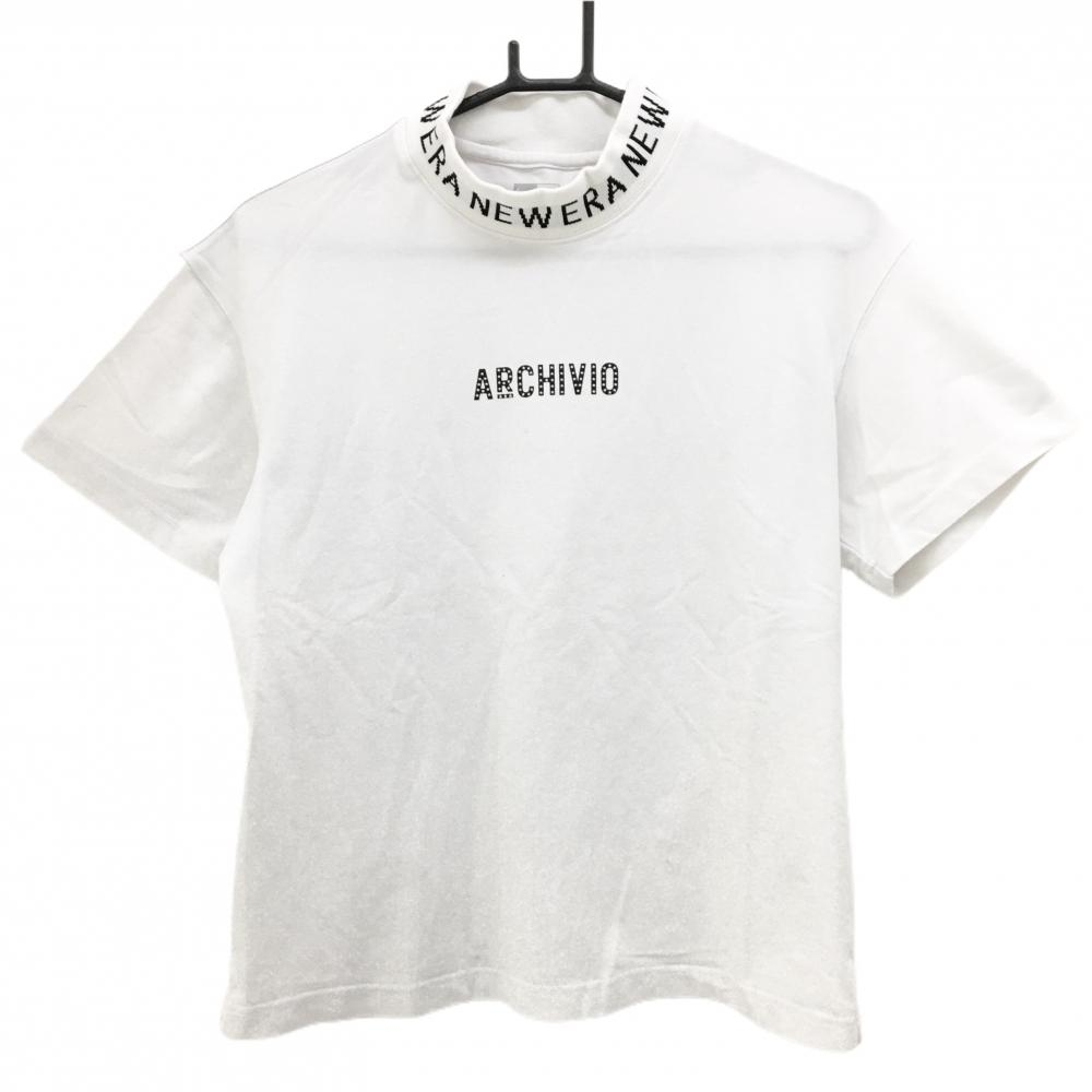 【美品】アルチビオ×ニューエラ 半袖ハイネックシャツ 白×黒 ネックロゴ コラボ レディース 40-LARGE(L) ゴルフウェア archivio