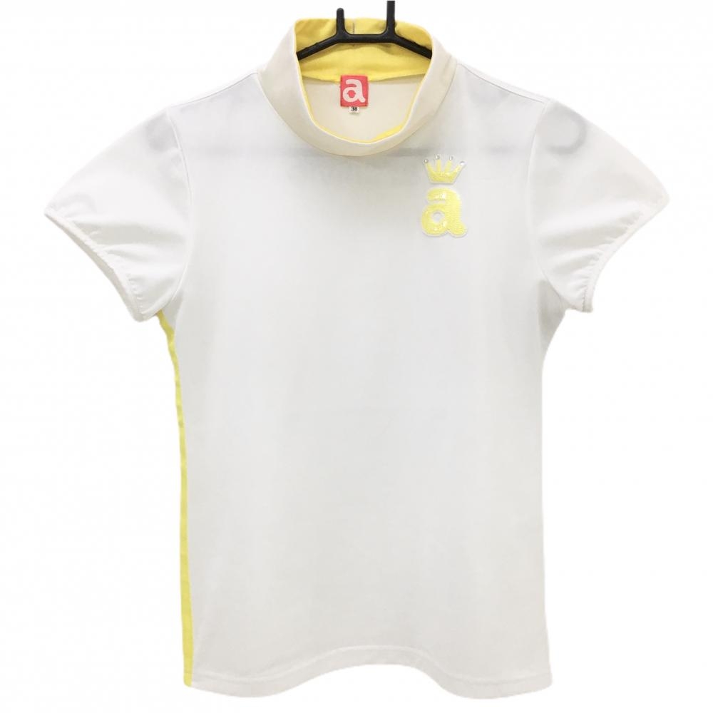 アルチビオ 半袖ハイネックシャツ 白×イエロー ワッペンラインストーン レディース 38(M) ゴルフウェア archivio