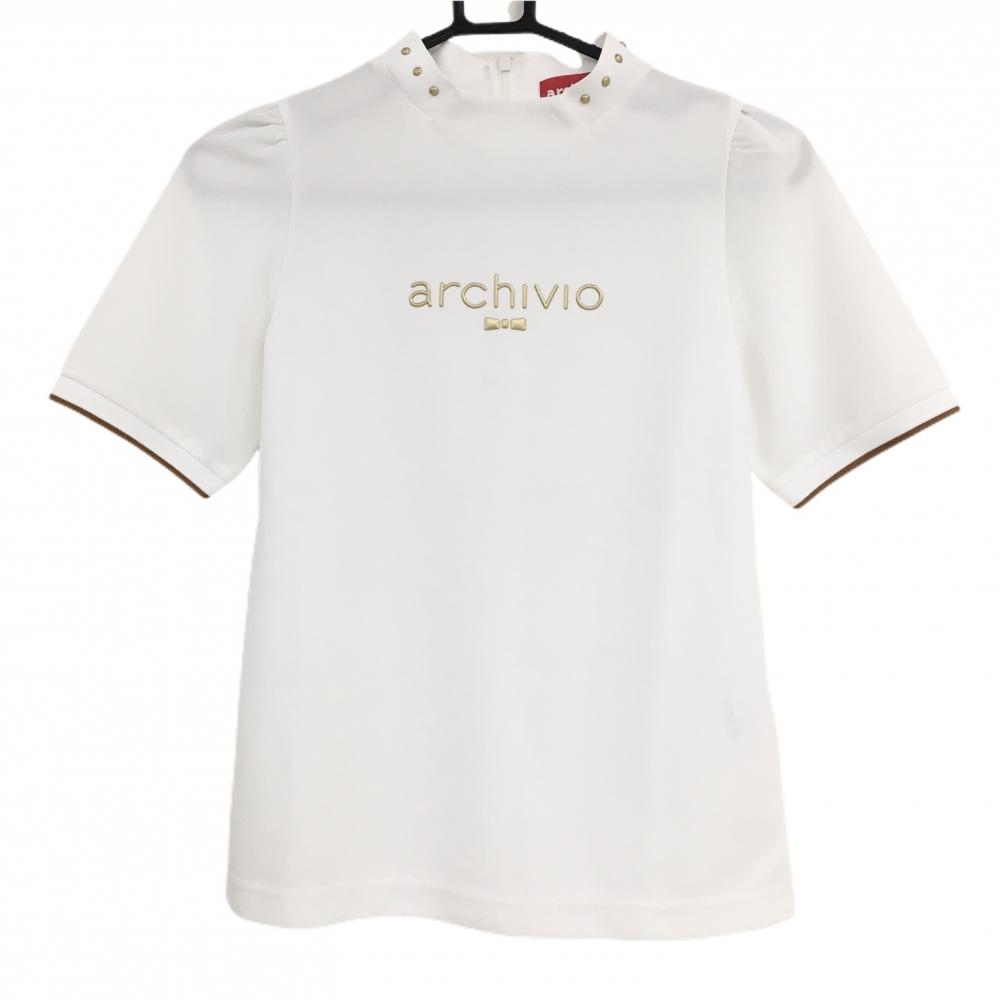 【美品】アルチビオ 半袖ハイネックシャツ 白 後ろハーフジップ ゴールドロゴ レディース 36(S) ゴルフウェア 2023年モデル archivio