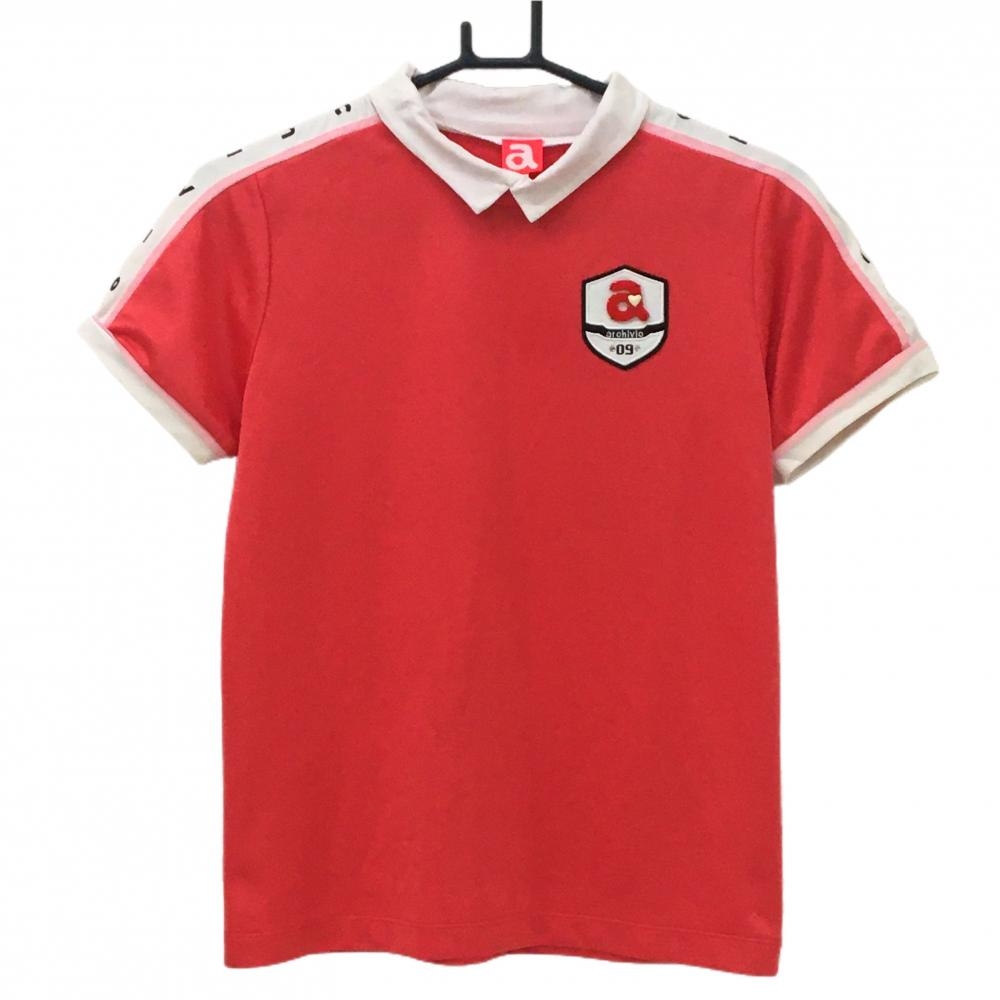 アルチビオ 半袖ハイネックシャツ ピンク×白 肩ロゴライン ワッペン 腹部糸引き レディース 38(M) ゴルフウェア archivio