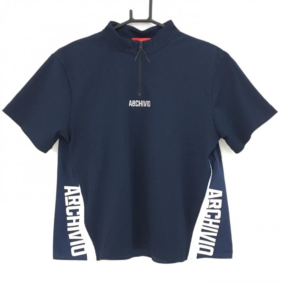 【超美品】アルチビオ 半袖ハイネックシャツ ネイビー ロゴ白 吸水速乾 UVケア  レディース 38(M) ゴルフウェア 2025年モデル archivio