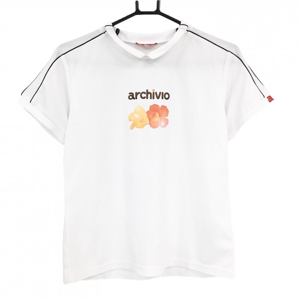 アルチビオ 半袖ハイネックシャツ 白 一部メッシュ ハイビスカスプリント レディース 40(L) ゴルフウェア archivio