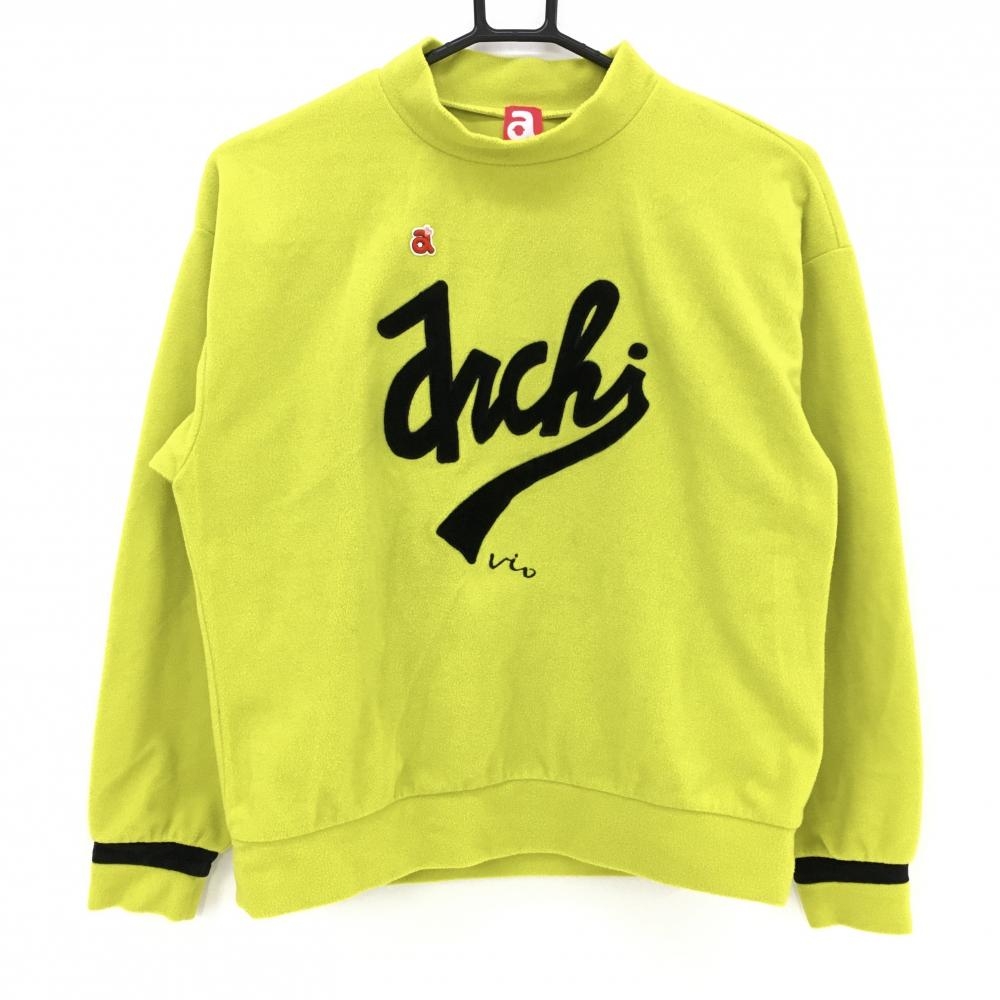 【美品】アルチビオ 長袖ハイネックシャツ ライムイエロー×黒 フリース 黒地ベロア調 レディース 36(S) ゴルフウェア archivio