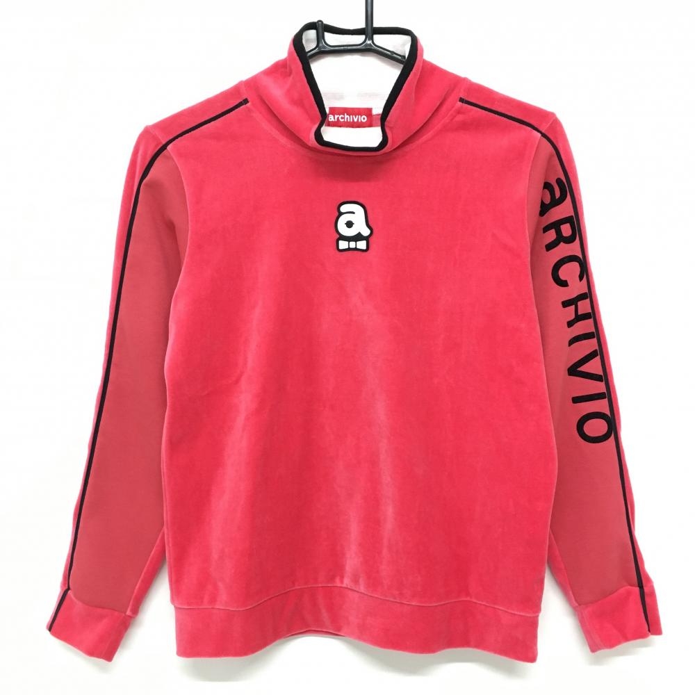 【超美品】アルチビオ 長袖ハイネックシャツ ピンク×黒 起毛素材 袖ロゴ レディース 36(S) ゴルフウェア 2023年モデル archivio