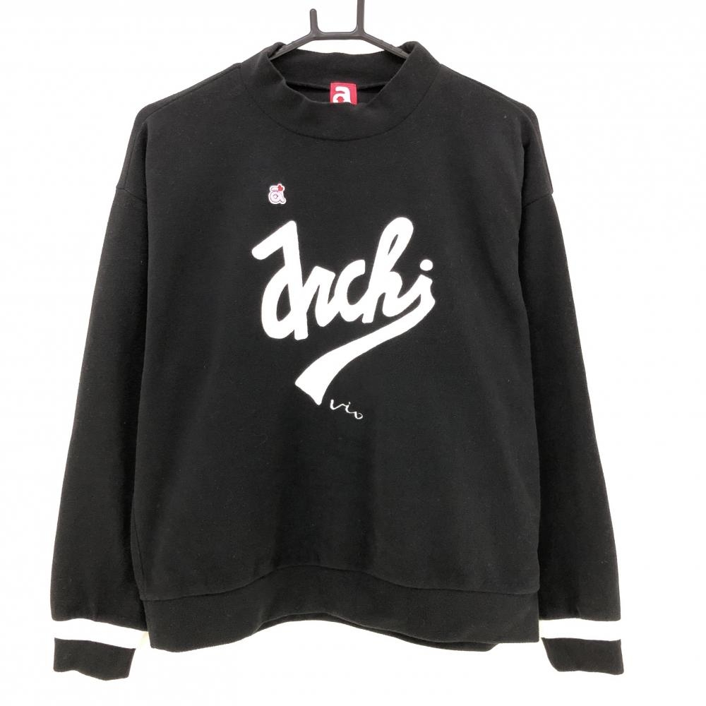 【美品】アルチビオ 長袖ハイネックシャツ 黒×白 フロントビッグロゴ 表起毛素材 レディース 40(L) ゴルフウェア archivio