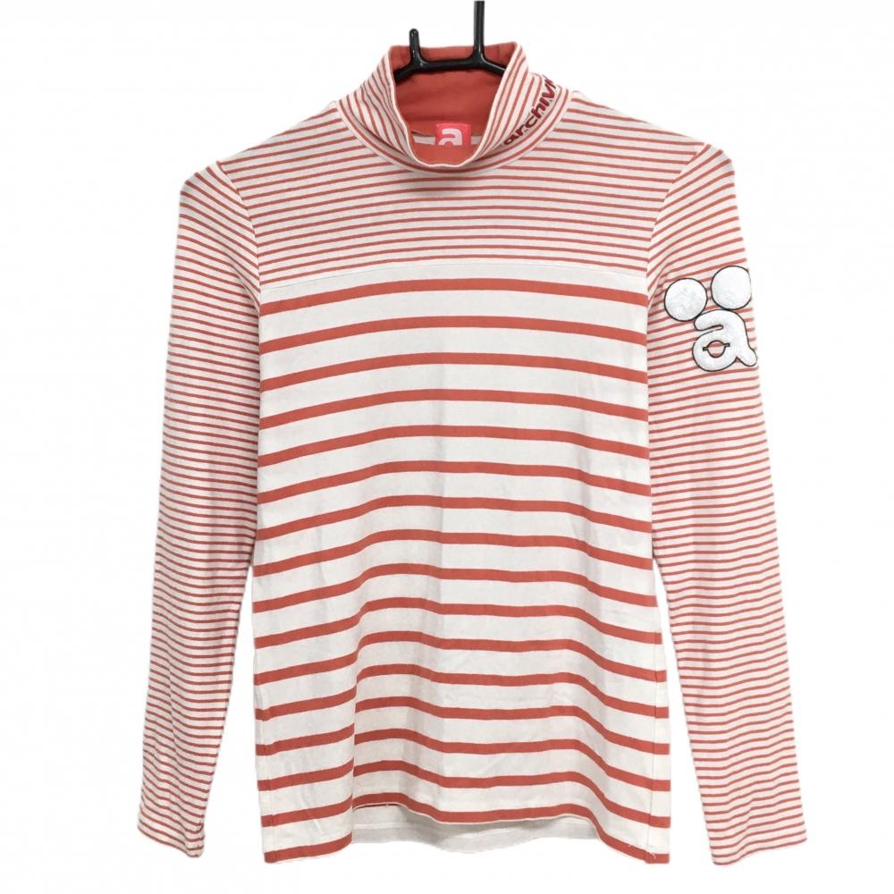 【美品】アルチビオ 長袖ハイネックシャツ 白×レッド系 ボーダー 表微起毛 アクリル混 レディース 36(S) ゴルフウェア archivio