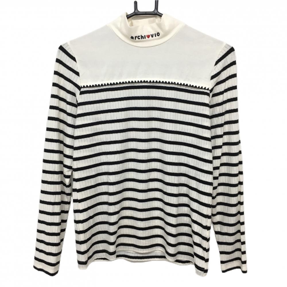 【超美品】アルチビオ 長袖ハイネックシャツ 白×黒 一部ボーダー 表微起毛 レディース 38(M) ゴルフウェア archivio