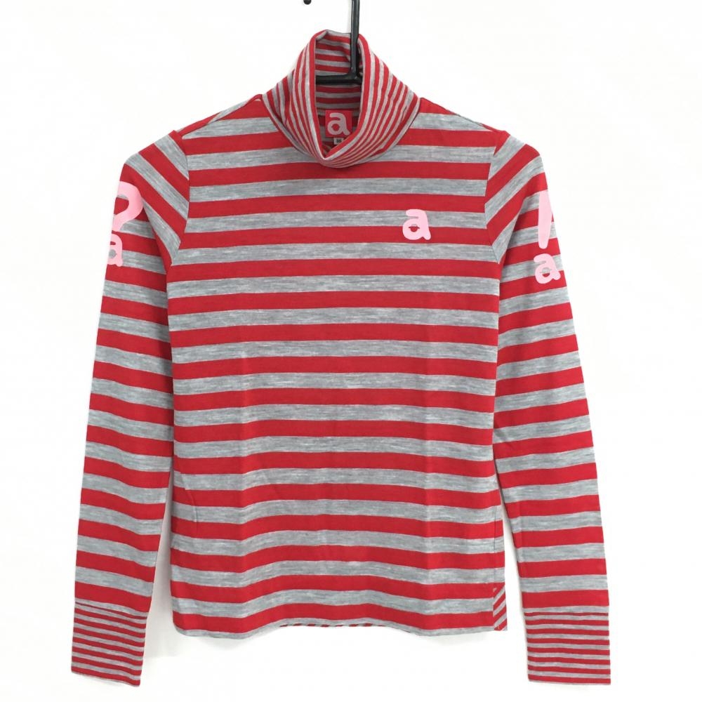 【超美品】アルチビオ 長袖ハイネックシャツ レッド×グレー ボーダー ウール混 レディース 36(S) ゴルフウェア archivio