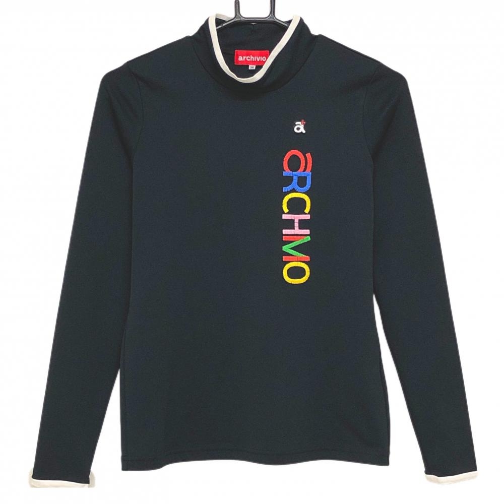 【美品】アルチビオ 長袖ハイネックシャツ 黒×白 ロゴ刺しゅう レディース 36(S) ゴルフウェア archivio