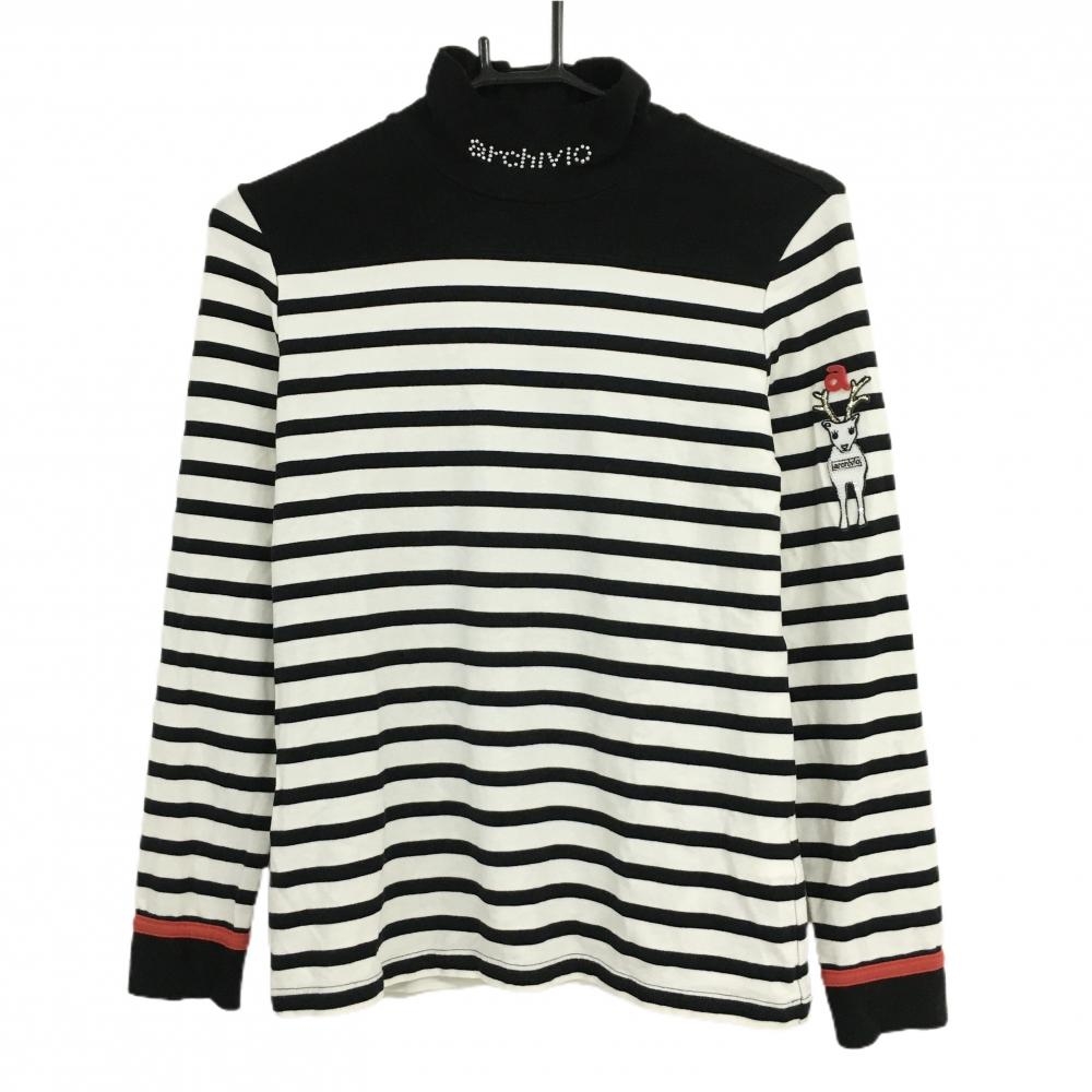 【美品】アルチビオ 長袖ハイネックシャツ 白×黒 ボーダー ネックロゴ 微起毛  レディース 36(S) ゴルフウェア archivio