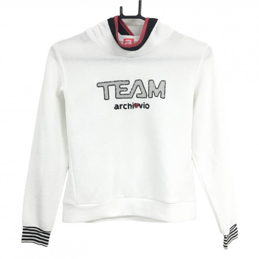 【超美品】アルチビオ 長袖ハイネックシャツ 白 凹凸織生地 パーカー風 スパンコールロゴ  レディース 38(M) ゴルフウェア archivio