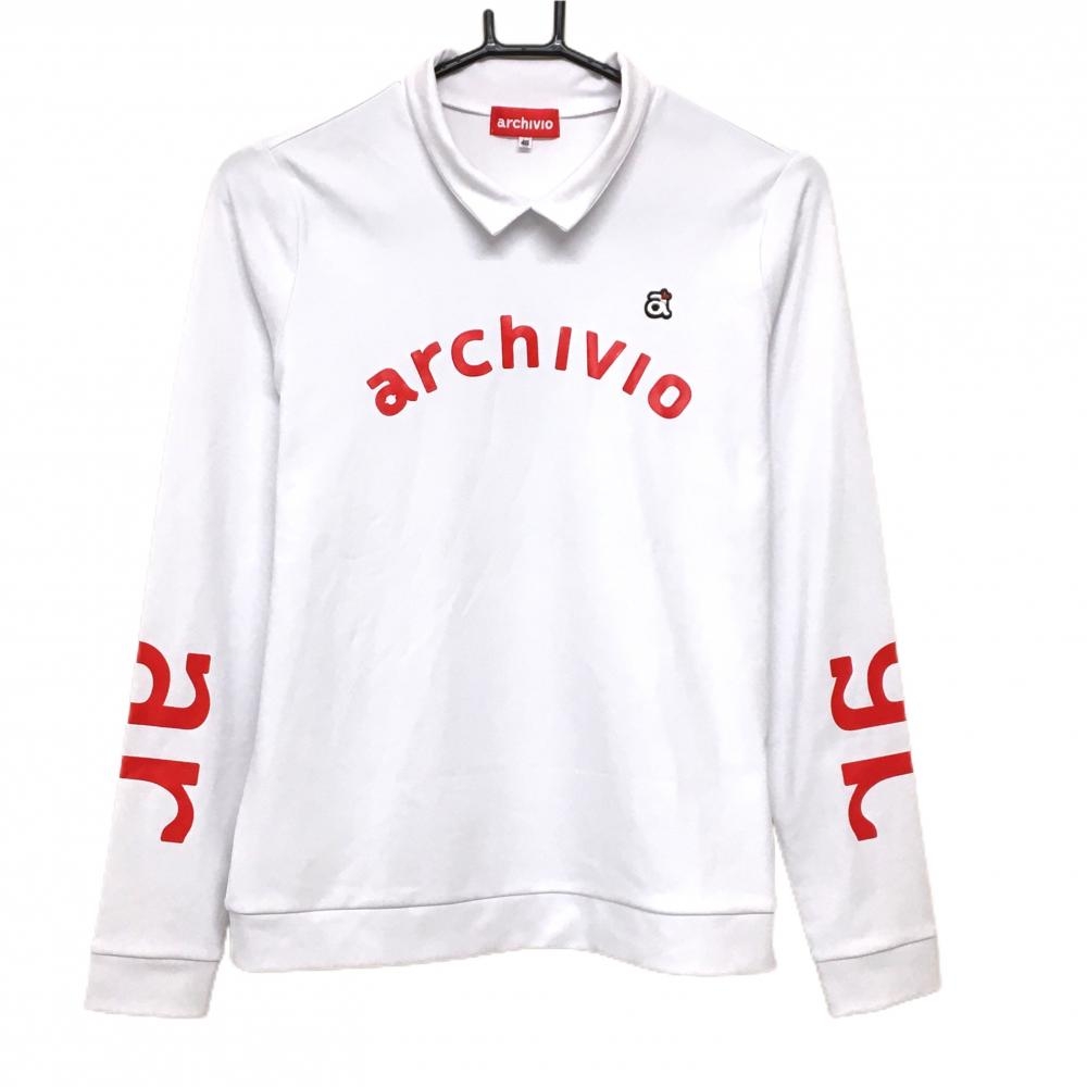 【超美品】アルチビオ 長袖ハイネックシャツ 白×レッド ビッグロゴ  レディース 40(L) ゴルフウェア archivio