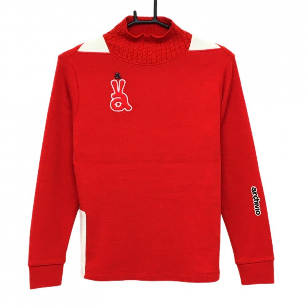 【超美品】アルチビオ 長袖ハイネックシャツ レッド ネックケーブル編み  レディース 38(M) ゴルフウェア archivio