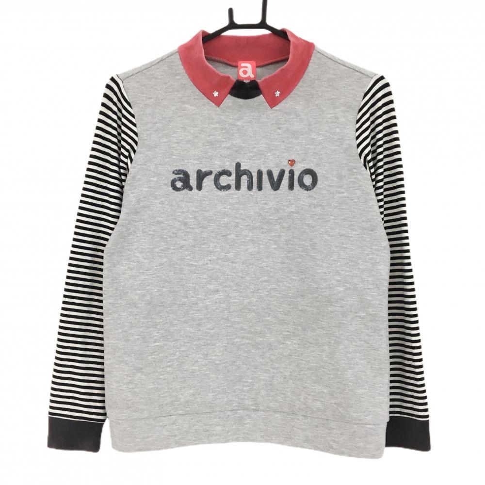 アルチビオ 長袖ハイネックシャツ ライトグレー×白×黒 袖ボーダー スパンコールロゴ  レディース 38(M) ゴルフウェア archivio