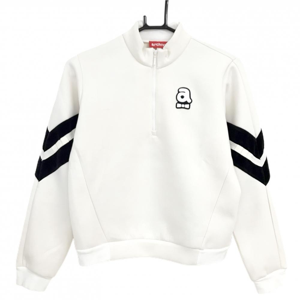 【美品】アルチビオ 長袖ハイネックシャツ 白×黒 ハーフジップ ダンボールニット 一部ベロア レディース 38 ゴルフウェア archivio