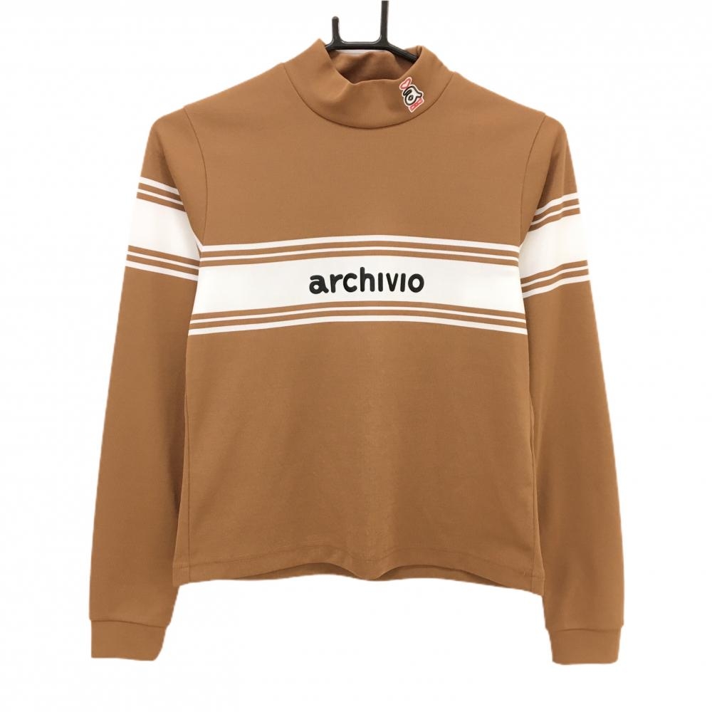 【超美品】アルチビオ 長袖ハイネックシャツ ライトブラウン×白 胸元ライン ロゴ レディース 38(M) ゴルフウェア archivio