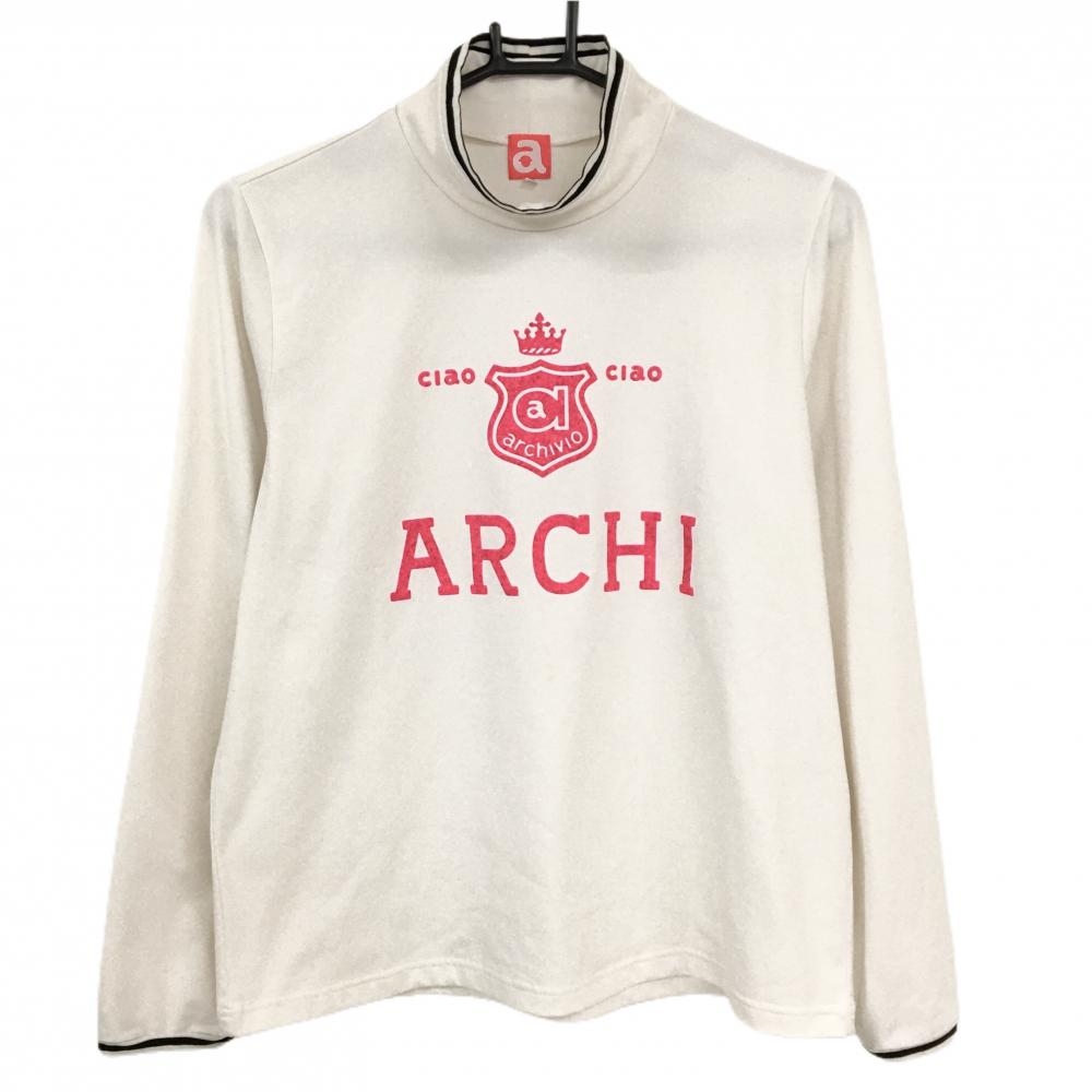 アルチビオ 長袖ハイネックシャツ 白×ピンク 裏微起毛 フロッキープリント  レディース 40(L) ゴルフウェア archivio