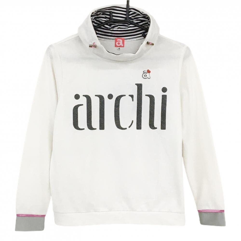 アルチビオ 長袖ハイネックシャツ 白×黒 ネックボーダー ドローコード レディース 36(S) ゴルフウェア archivio
