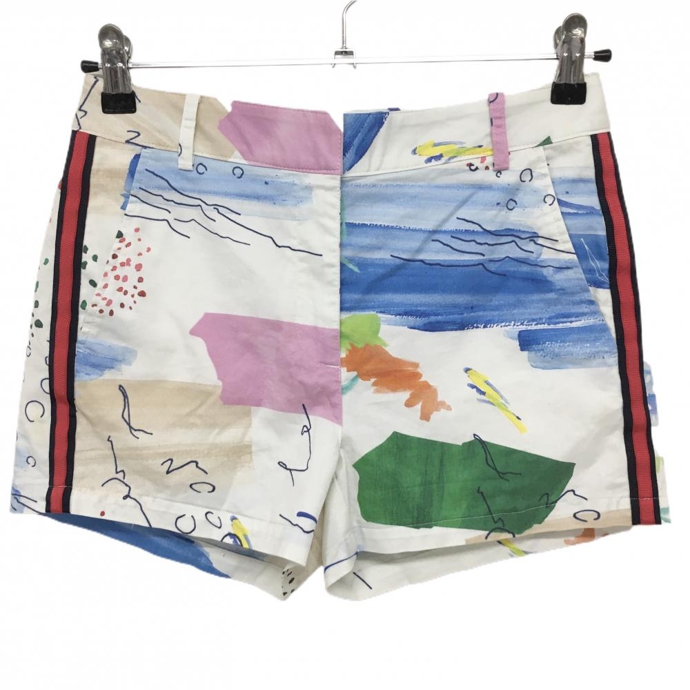 【美品】アルチビオ ショートパンツ 白×ピンク×ブルー 総柄 サイドライン レディース 36(S) ゴルフウェア archivio