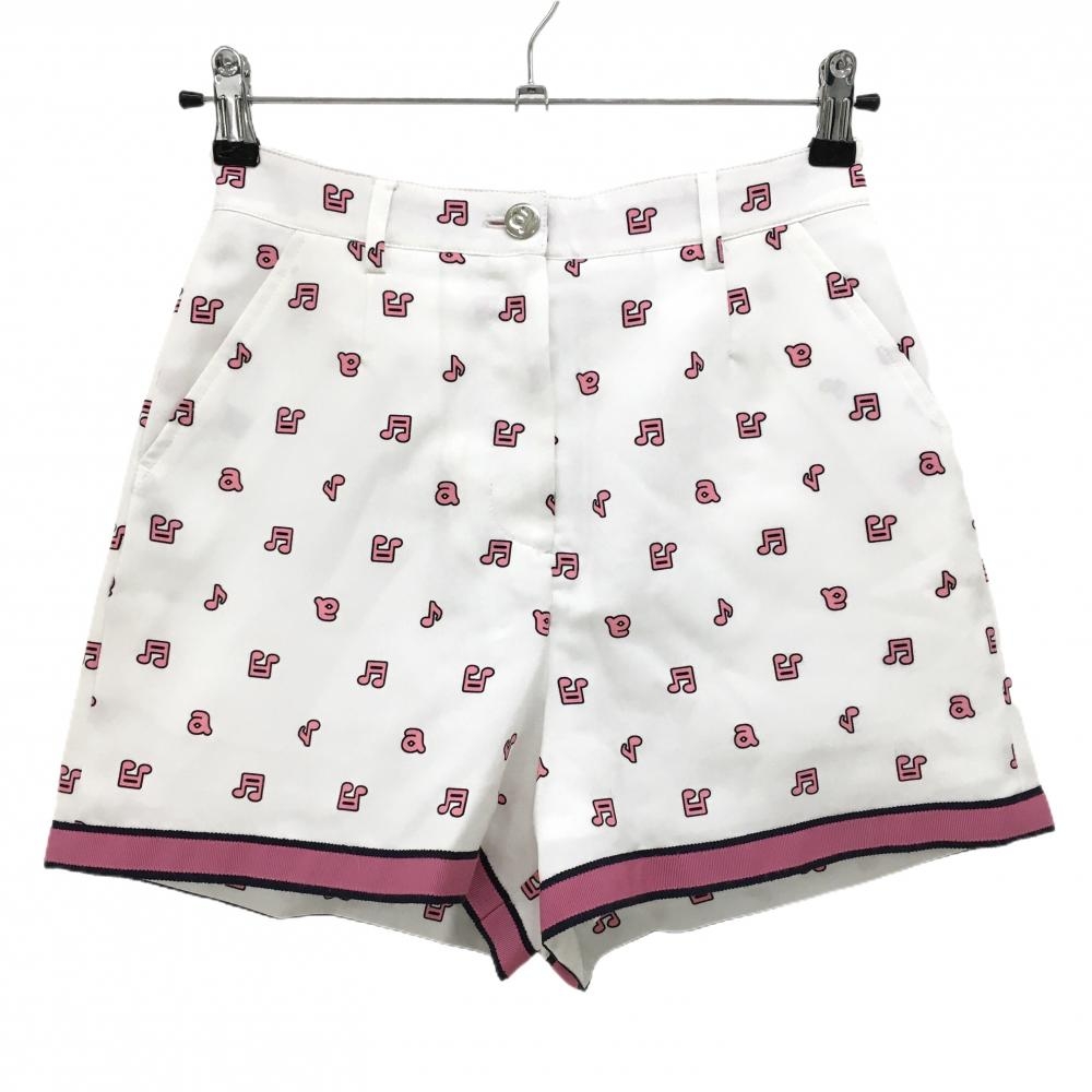 【超美品】アルチビオ ショートパンツ 白×ピンク 音符・ロゴ総柄 裏地付 ウエスト一部ゴム レディース 36(S) ゴルフウェア archivio