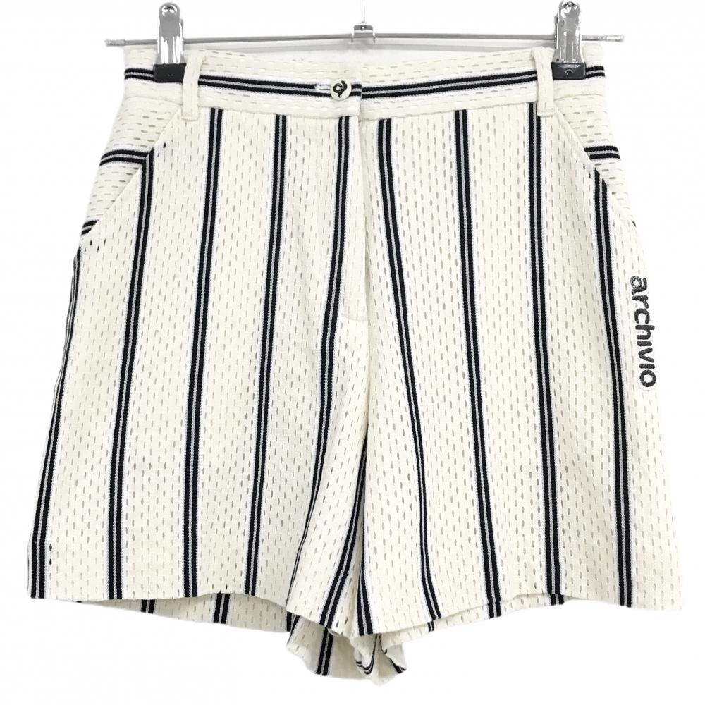 【超美品】アルチビオ ショートパンツ アイボリー×黒 ストライプ メッシュ生地 裏地付  レディース 36(S) ゴルフウェア archivio