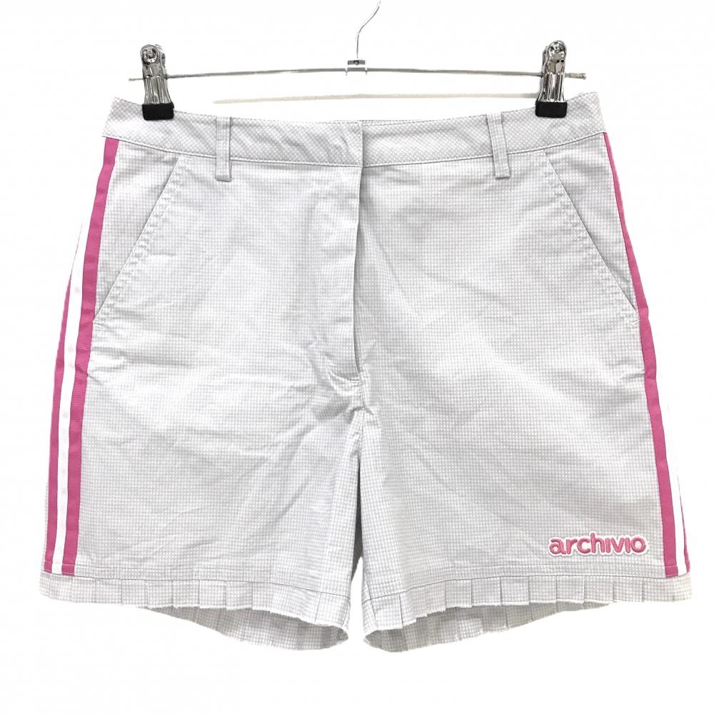 【超美品】アルチビオ ショートパンツ ライトグレー×白 ギンガムチェック 裾プリーツ  レディース 40(L) ゴルフウェア archivio