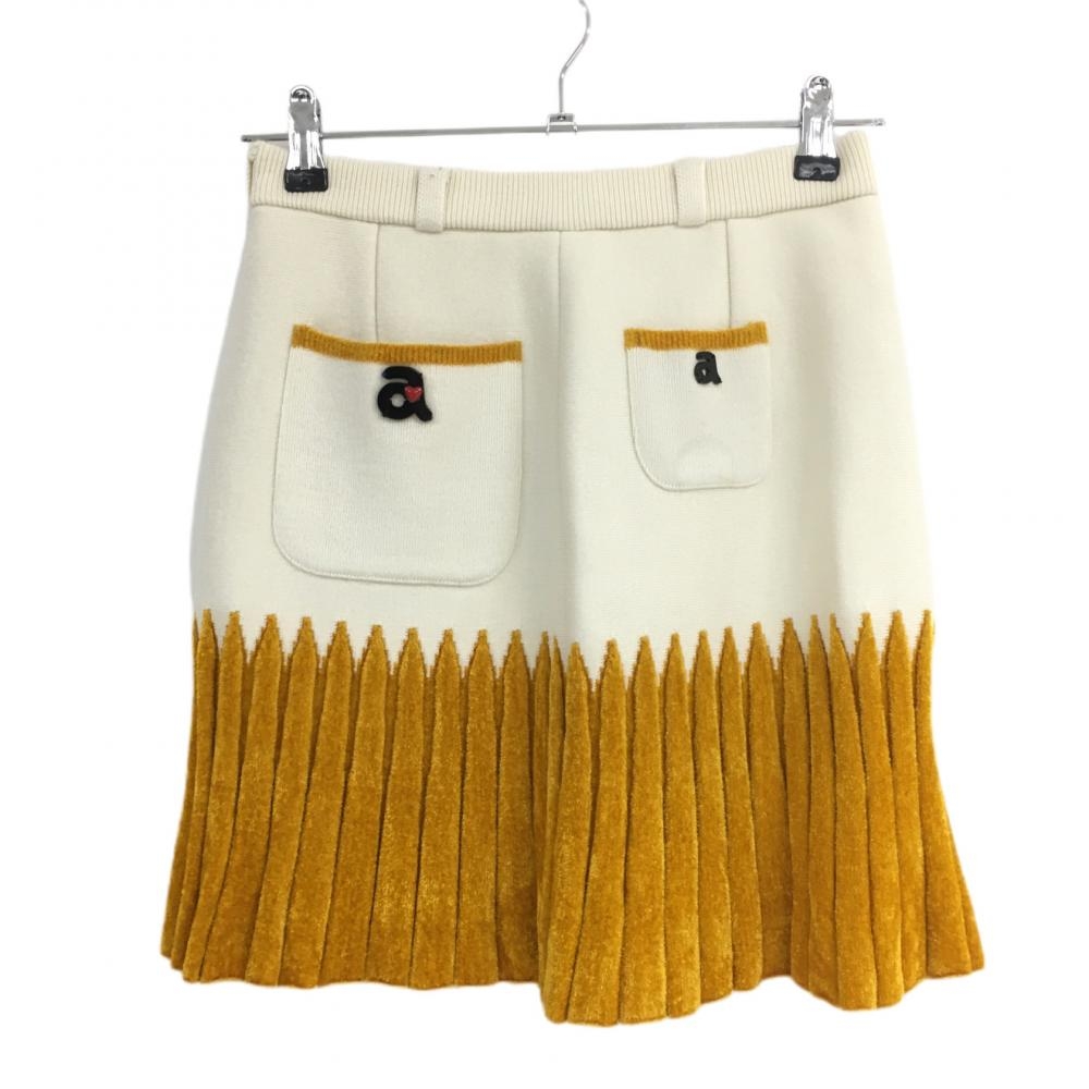 【美品】アルチビオ ニットスカート 白×オレンジ 裾切替プリーツ ウール混  レディース 36 ゴルフウェア archivio