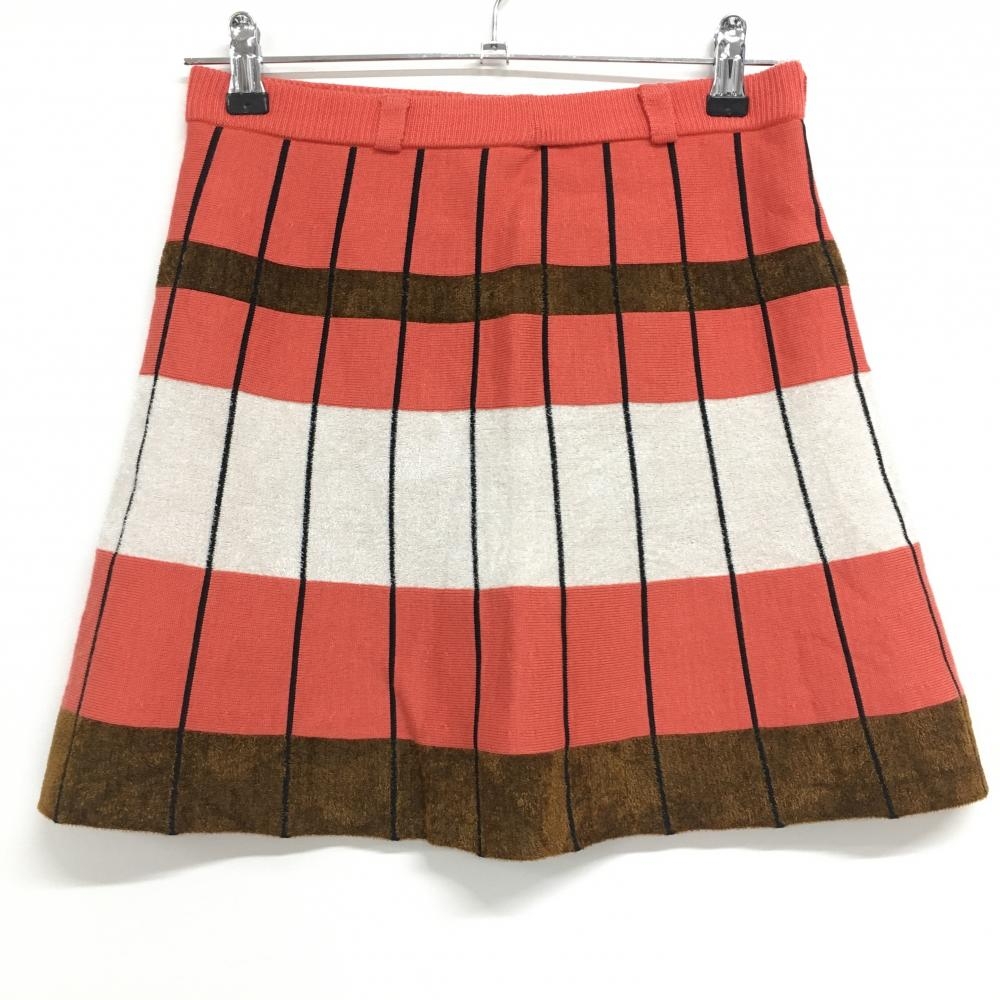 【超美品】アルチビオ ニットスカート サーモンオレンジ系×白 ストライプ ウール混 ウエストゴム レディース 36(S) ゴルフウェア archivio