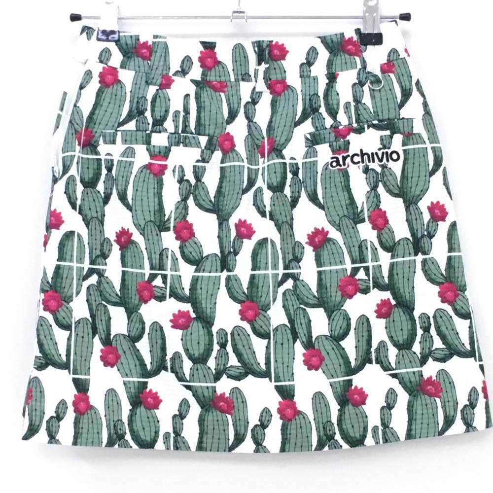 【超美品】アルチビオ スカート 白×グリーン サボテン柄 メッシュ調 裏地付 レディース 36(S) ゴルフウェア archivio