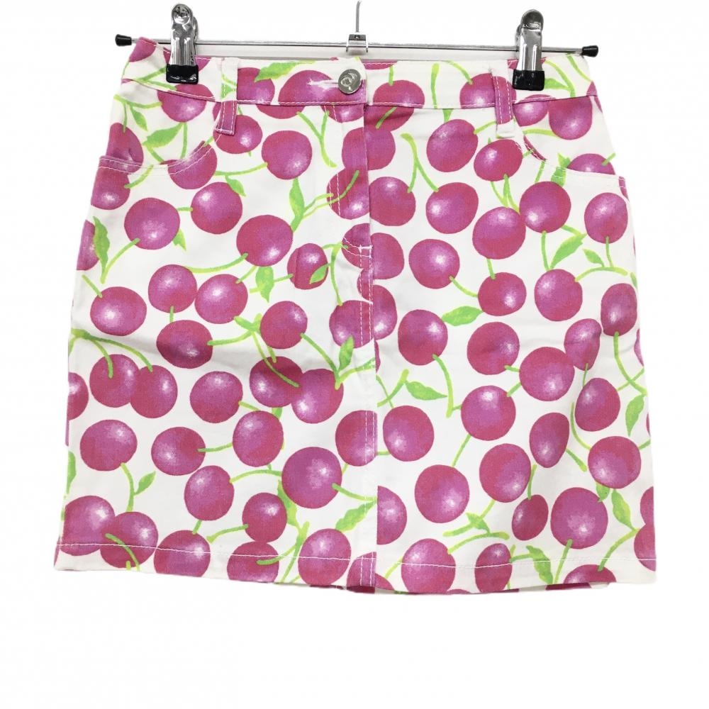【美品】アルチビオ スカート 白×ピンク サクランボ柄 ストレッチ レディース 36 ゴルフウェア archivio