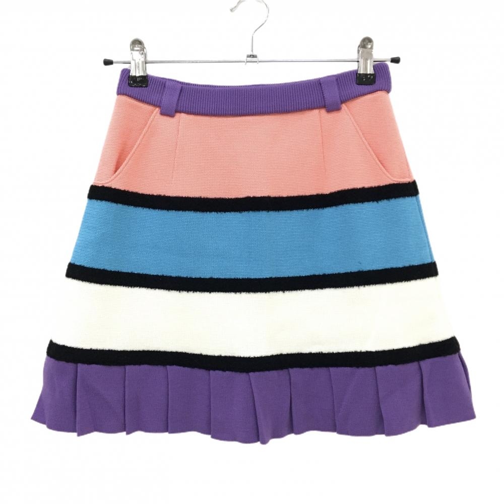 【超美品】アルチビオ ニットスカート ピンク×ライトブルー×パープル ボーダー 裾プリーツ  レディース 36(S) ゴルフウェア archivio