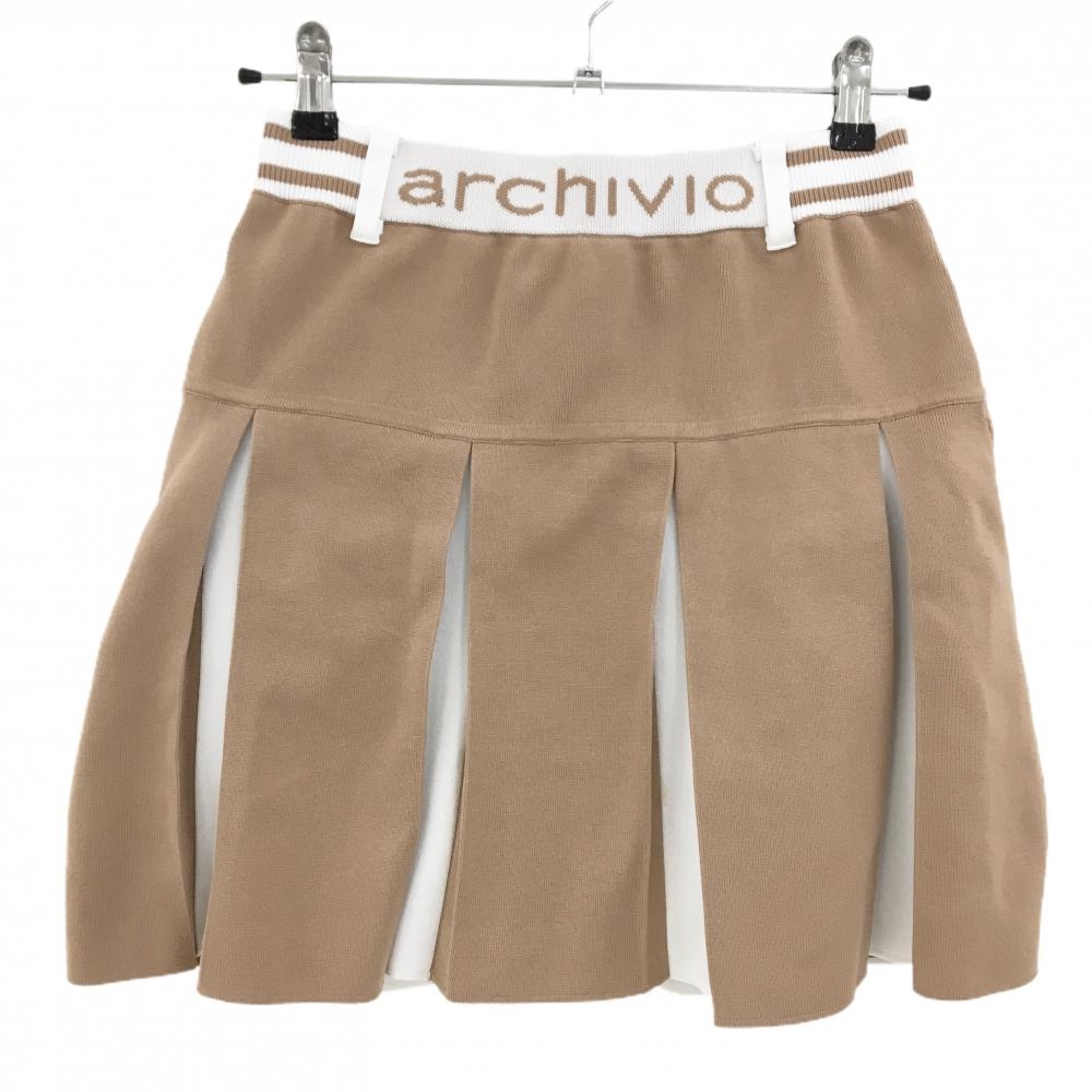 【美品】アルチビオ ニットスカート ブラウン×白 ボックスプリーツ ウエストロゴ レディース 38(M) ゴルフウェア 2024年モデル archivio