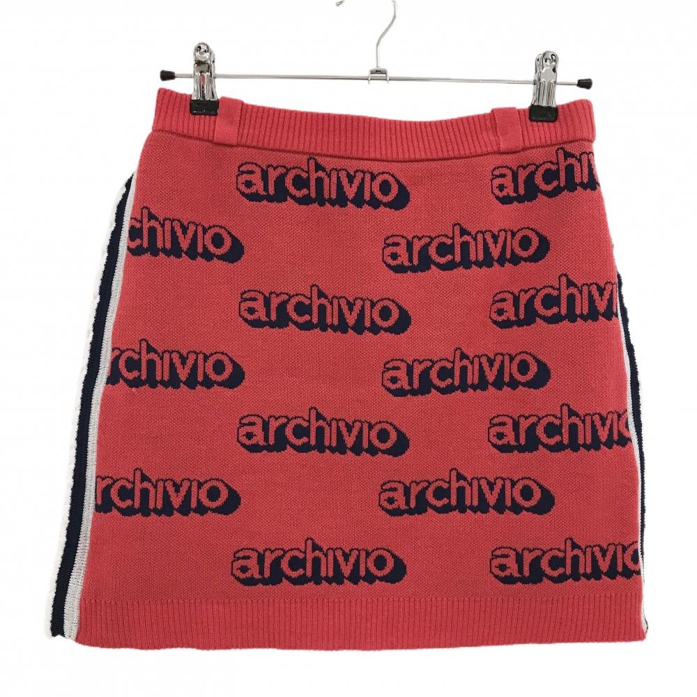 【超美品】アルチビオ ニットスカート レッド×ネイビー ロゴ総柄 サイドライン レディース 38(M) ゴルフウェア archivio