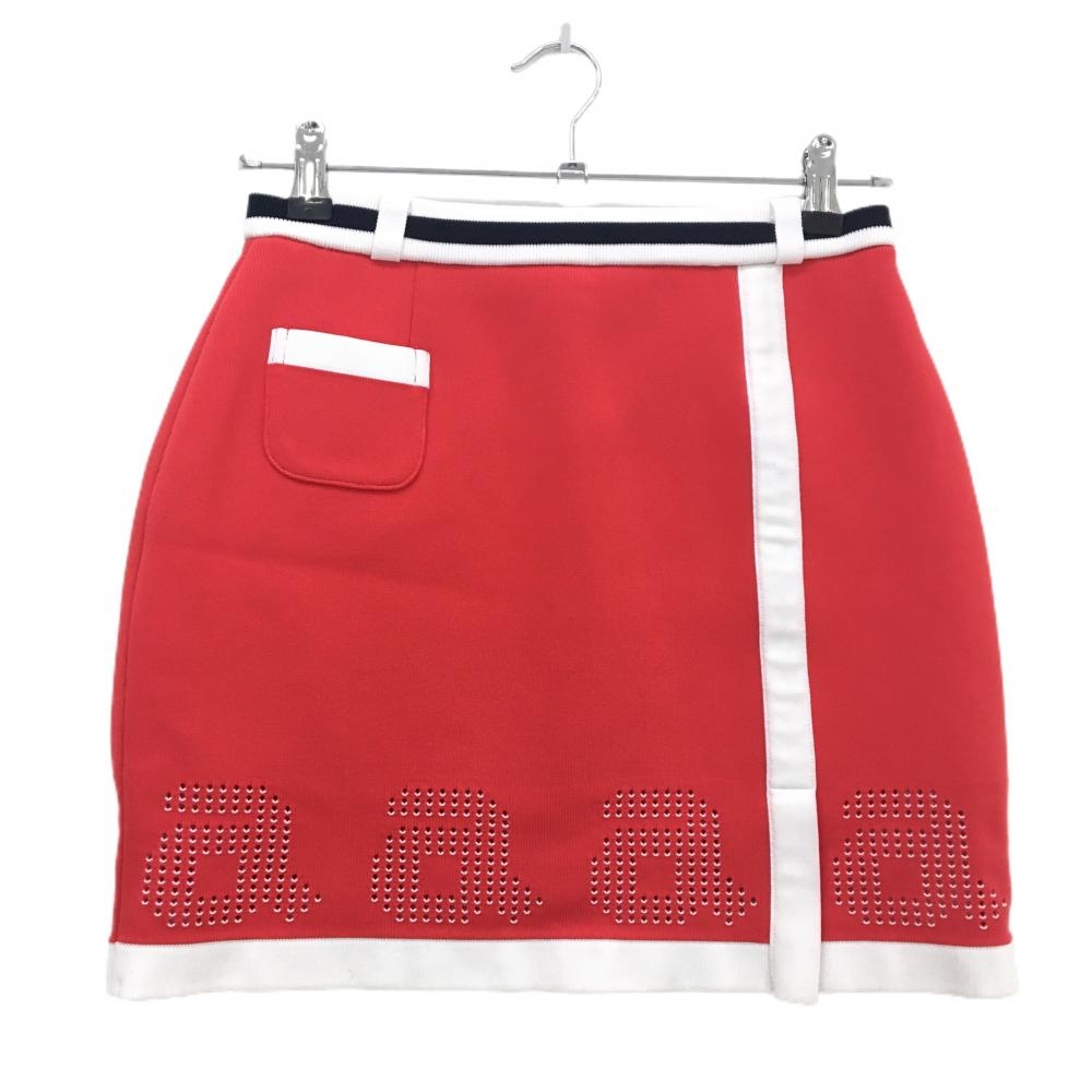 【超美品】アルチビオ ニットスカート レッド×白 裾ロゴ透かし編み ストレッチ レディース 38(M) ゴルフウェア archivio