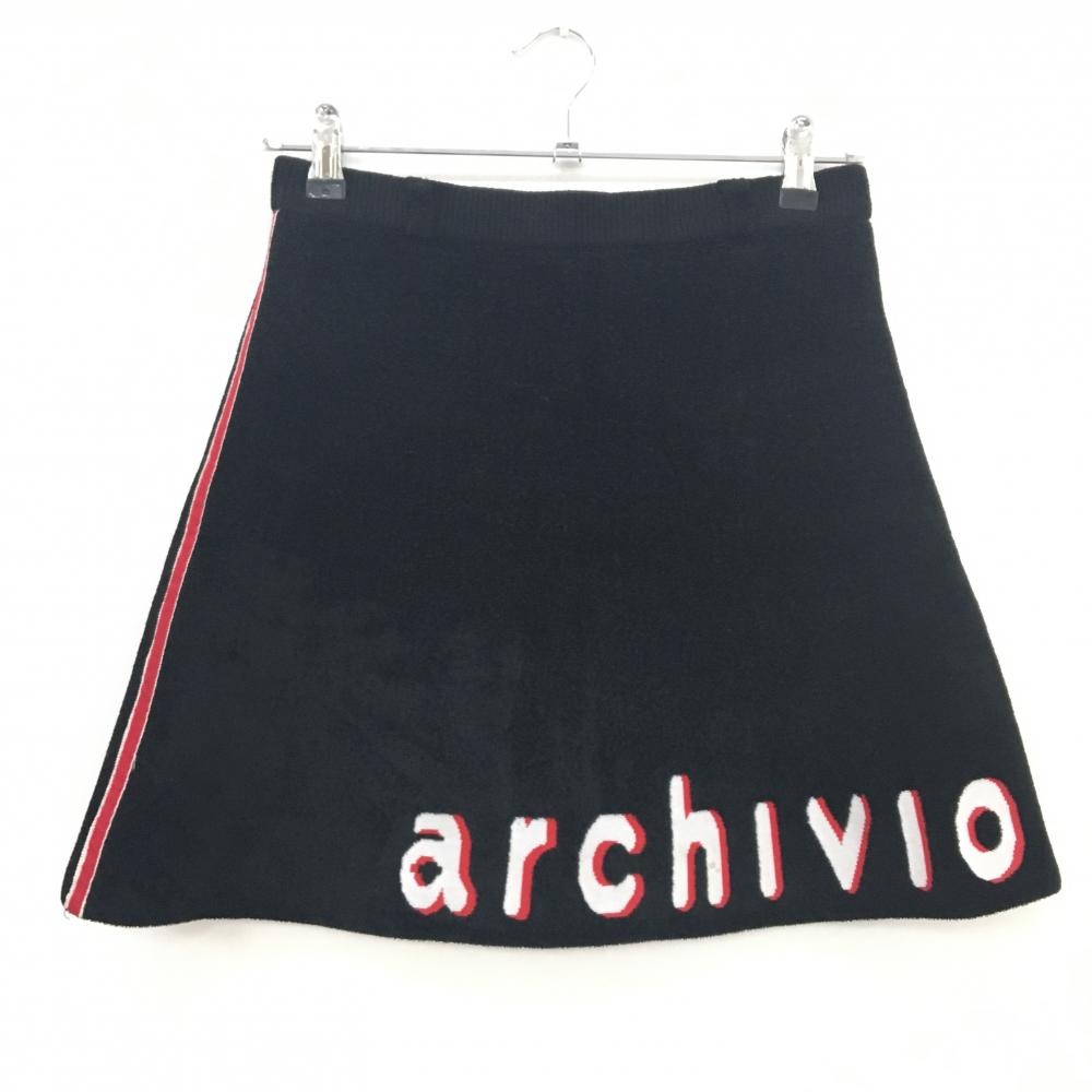【美品】アルチビオ ニットスカート 黒 ロゴ白 モールニット 裾ロゴ レディース 36(S) ゴルフウェア archivio