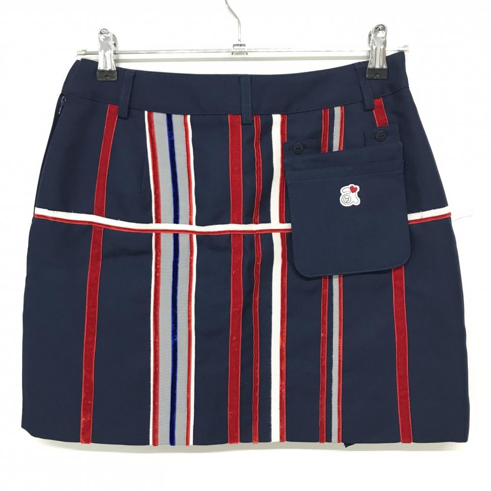 【超美品】アルチビオ スカート ネイビー×レッド×白 ランダムストライプ風 一部ベロア調 裏地付 レディース 38(M) ゴルフウェア archivio