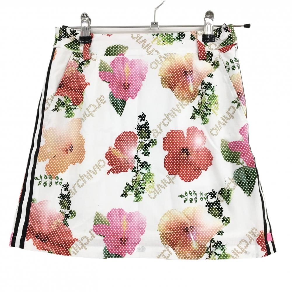 【美品】アルチビオ スカート 白×レッド×グリーン 花柄 後ろ裾プリーツ サイドライン 裏地付 レディース 36(S) ゴルフウェア archivio