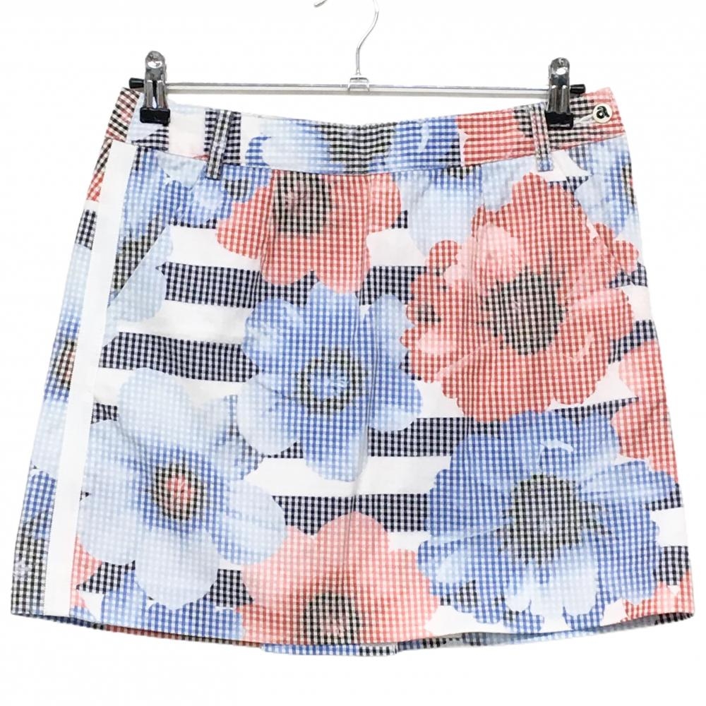 【美品】アルチビオ スカート 白×ブルー×レッド 花総柄 レディース 40(L) ゴルフウェア archivio