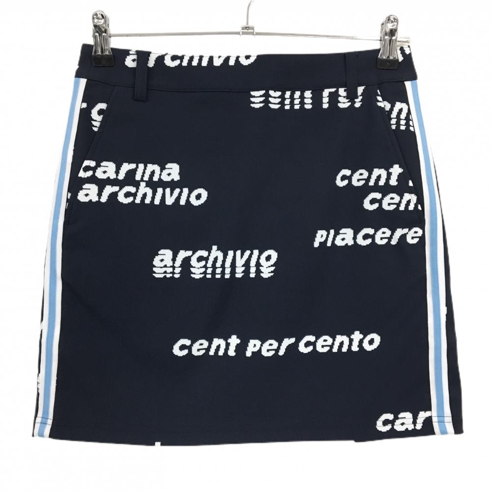 【超美品】アルチビオ スカート ネイビー×白 英字ロゴ総柄 裏地付き ストレッチ レディース 38(M) ゴルフウェア archivio