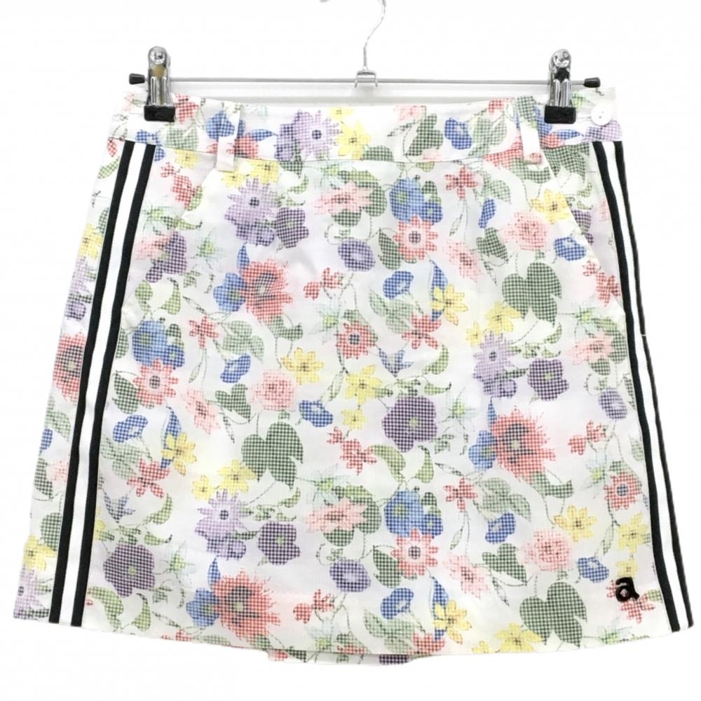 【超美品】アルチビオ スカート 白×マルチカラー 総柄 花 リーフ サイドライン ストレッチ レディース 38(M) ゴルフウェア archivio