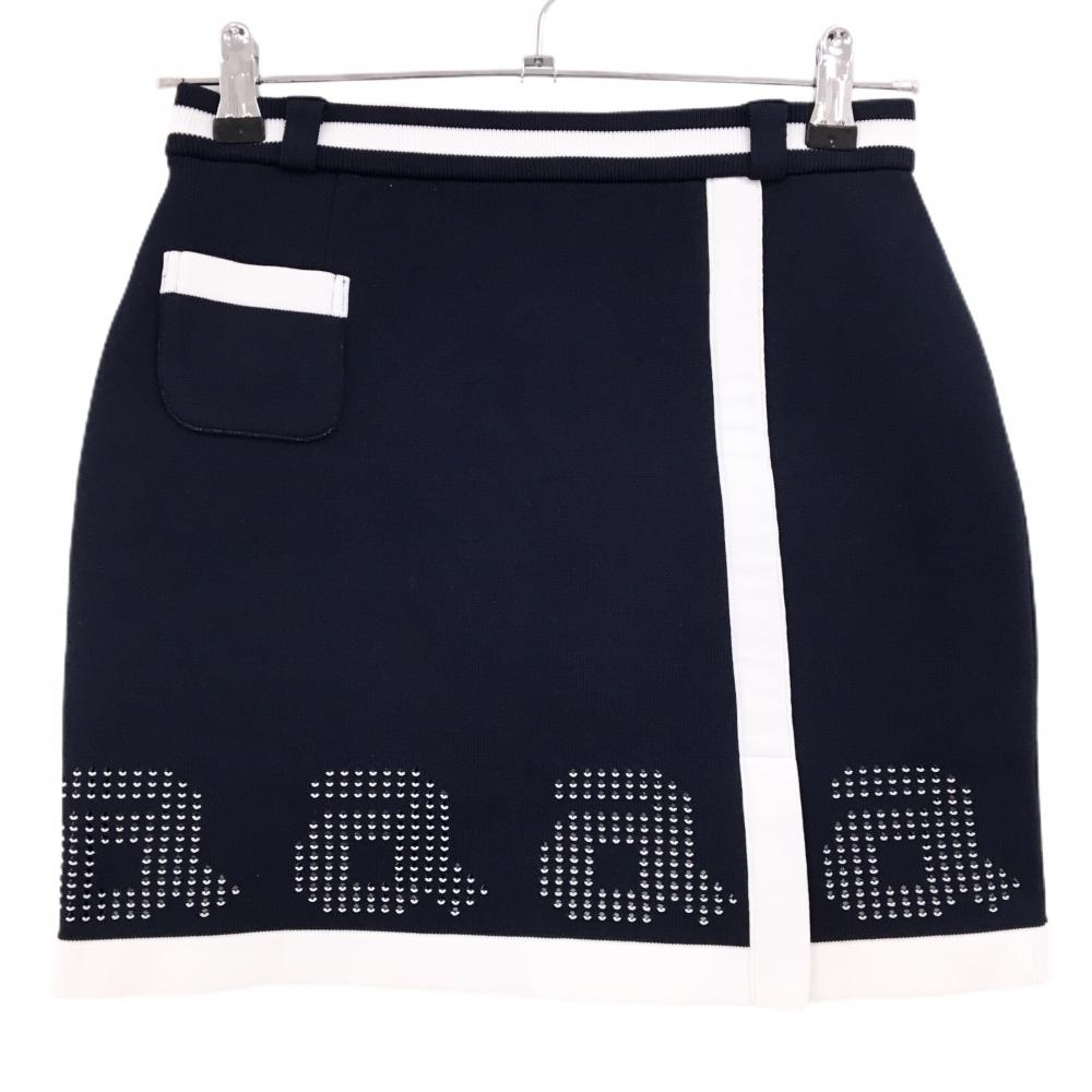 【美品】アルチビオ ニットスカート ネイビー×白 裾ロゴメッシュ ウエストゴム レディース 38(M) ゴルフウェア archivio