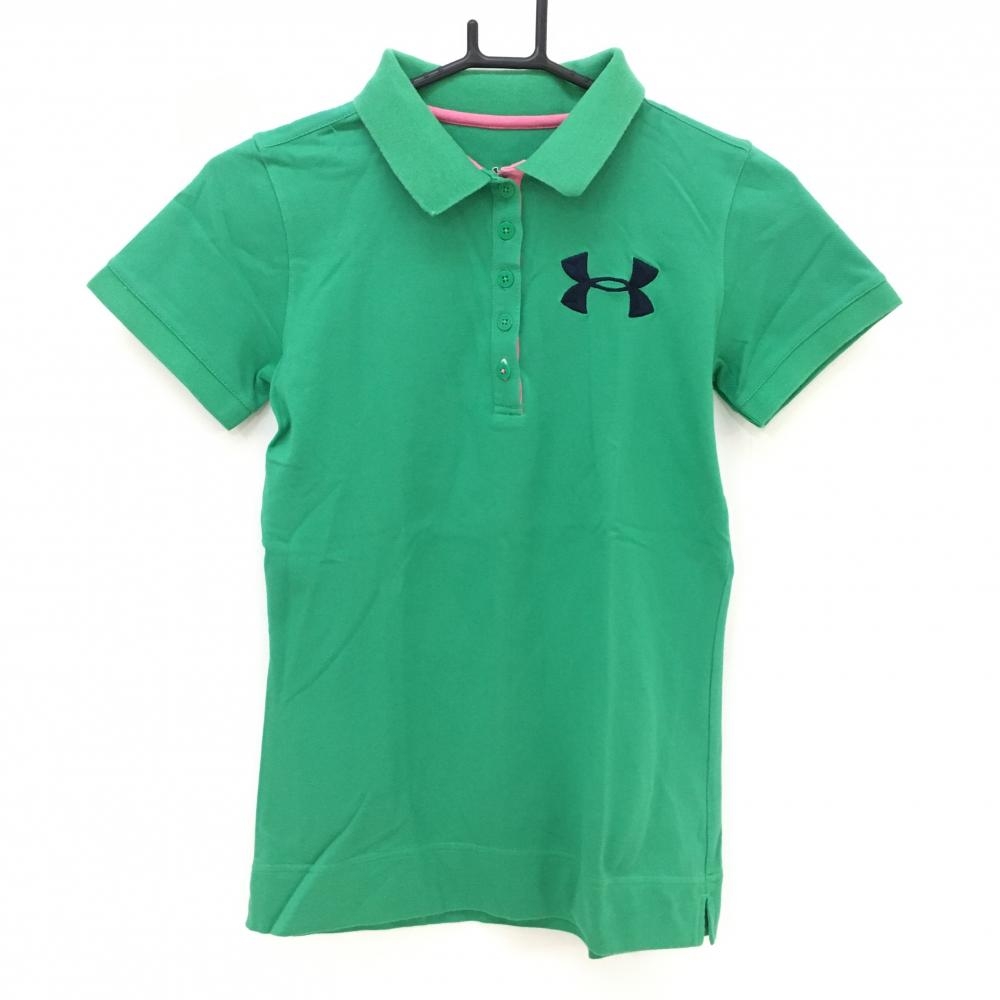 アンダーアーマー 半袖ポロシャツ グリーン×ピンク ロゴ刺しゅう レディース MD ゴルフウェア UNDER ARMOUR