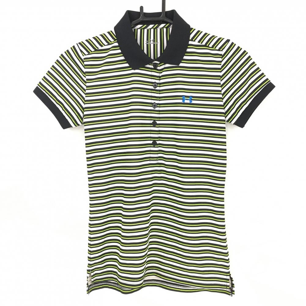 【超美品】アンダーアーマー 半袖ポロシャツ 白×黒×ライトグリーン ボーダー  レディース SM ゴルフウェア UNDER ARMOUR